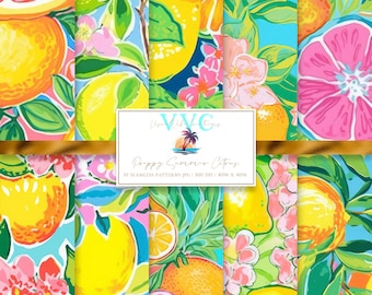 Preppy Summer Citrus Digital Paper, 10 Seamless Patterns for Printable Scrapbook Paper - Instant Download, seamless lemon, lime pattern