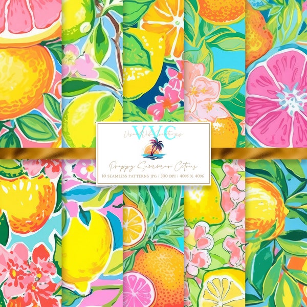 Preppy Summer Citrus Digital Paper, 10 Seamless Preppy Patterns for Printable Scrapbook Paper - Instant Download, lemon, lime