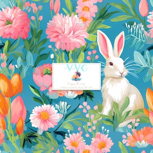 May include: A seamless pattern featuring a white bunny rabbit surrounded by pink, orange, and white flowers on a blue background. The text "Happy Bunny" is displayed on a light blue rectangle.