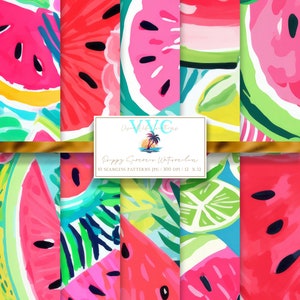 Papel digital Preppy Summer Sandía, 10 patrones sin costuras para papel de álbum de recortes imprimible - Descarga instantánea, melón, comida, saludable, fruta