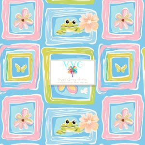 Könnte beinhalten: Ein nahtloses Muster mit einem grünen Frosch, Schmetterlingen und Blumen in Rosa, Gelb und Blau, alles in einem quadratischen Rahmen. Der Text "Happy Green Garden" befindet sich in der Mitte des Musters.