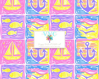 Papel digital Preppy Nautical Patchwork, 1 patrón sin costuras para papel de álbum de recortes imprimible: descarga instantánea, patrones oceánicos para manualidades