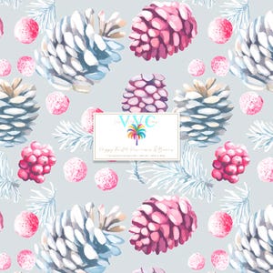 Papel digital de piñas y bayas esmeriladas de estilo preppy, 1 patrón sin costuras para papel de álbum de recortes, descarga instantánea, patrón de invierno, nieve