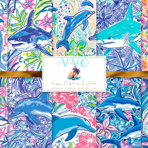 Preppy Delfine und Haie, Digitales Papier, 10 nahtlose Muster für Scrapbook-Papier zum Selberdrucken, Sofort Download, Meerestiere, Strandmuster