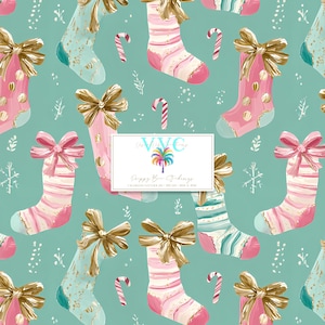 May include: A repeating pattern of Christmas stockings in pink, blue, and gold, adorned with bows and gold accents. Candy canes and snowflakes are scattered across a teal background. The image includes the text "VVC" and "Preppy By Findings".