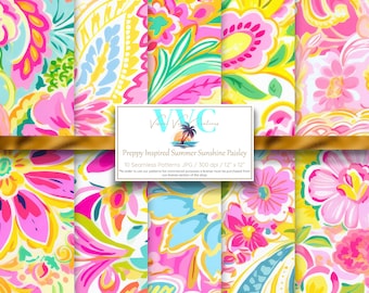 Preppy Inspired Summer Sunshine Paisley Digital Paper, 10 Seamless Patterns for Printable Scrapbook Paper - Instant Download