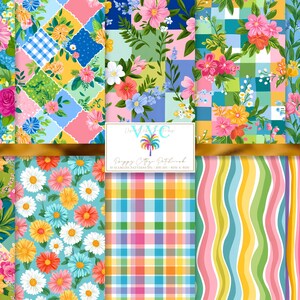 May include: A selection of colourful floral and patterned digital papers. Designs include patchwork, gingham, and striped patterns in shades of pink, blue, yellow, and green. The image includes the text "Happy Cottage Patchwork".