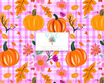Preppy Pumpkin Picnic Seamless Pattern, 1 Pink Gingham Fall Digital Paper, Cute Pumpkin Floral Background, Autumn Instant Download