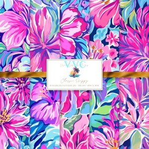 Classic Preppy Digital Paper, 10 Seamless Floral Patterns for Printable Scrapbook Paper - Instant Download, tropical, vacation