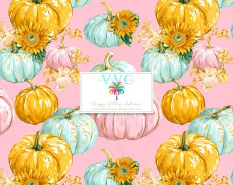 Preppy Golden Autumn, 1 Seamless Pattern, Pastel Pumpkin Floral Digital Paper