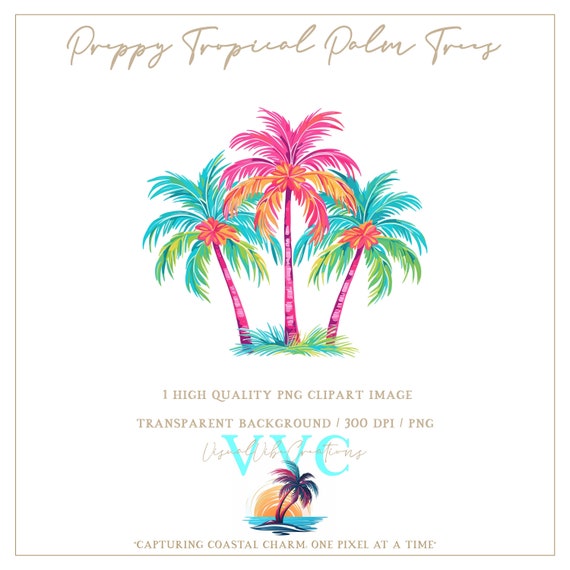 Preppy Tropical Palm Trees Clip Art - transparent background in PNG - palm tree, beach, island, coconut tree, Florida, paradise, summer