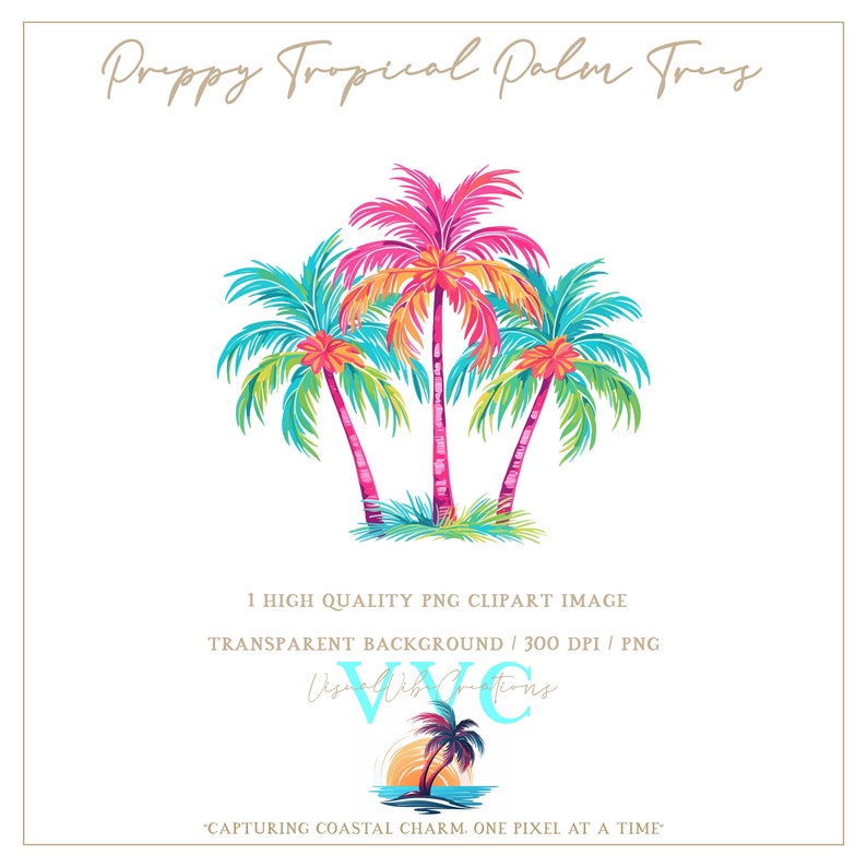 May include: Three colorful tropical palm trees with pink, green, and blue leaves. The trees are set against a white background.