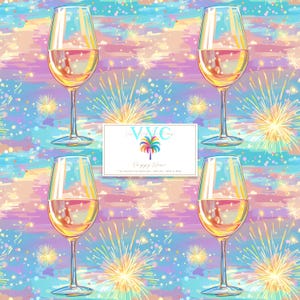 May include: A seamless pattern featuring a repeating design of wine glasses filled with white wine against a colorful background of pink, blue, and yellow watercolor clouds with sparkling fireworks.