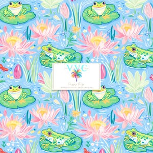 Papel digital Preppy Frogs, 1 padrão perfeito para papel de scrapbook para impressão - Download instantâneo, sapos fofos em almofadas de lírio, design de primavera