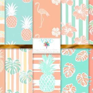 Koralle und Turquoise Sommer Digital Papier, 10 nahtlose Muster für Printable Scrapbook Papier - Instant Download, Ananas, Monstera