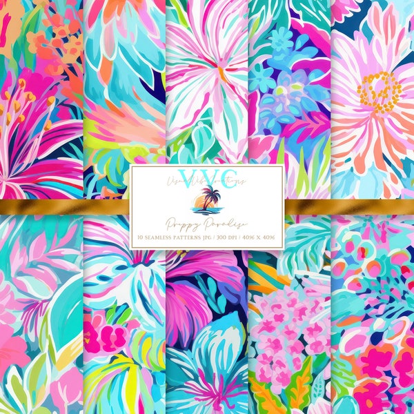 Preppy Paradise Digital Paper, 10 Seamless Patterns for Printable Scrapbook Paper - Instant Download, vibrant, flower, floral