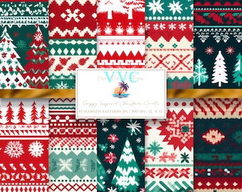 Puede incluir: Diez patrones de papel digital con diseños de suéteres navideños. Los patrones son de color rojo, verde, blanco y azul. Los patrones incluyen copos de nieve, estrellas, árboles y formas geométricas.