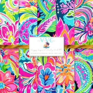 Paquete de papel digital Paisley inspirado en Preppy n.° 4, 10 patrones sin costuras para papel de álbum de recortes imprimible: descarga instantánea, vibrante