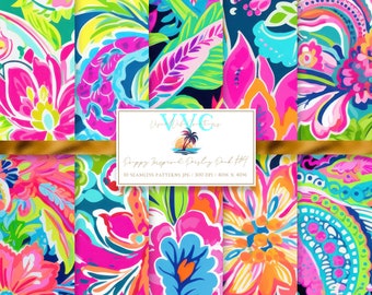 Pack de papiers numériques à motifs cachemire d'inspiration preppy n° 4, comprenant 10 motifs floraux sans raccord.