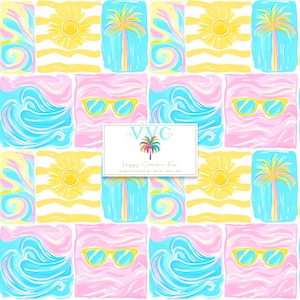 Preppy Summer Fun Digital Paper, 1 Seamless Pattern for Printable Scrapbook Paper - Instant Download, Sun, Palm Trees, Sunglasses & Waves