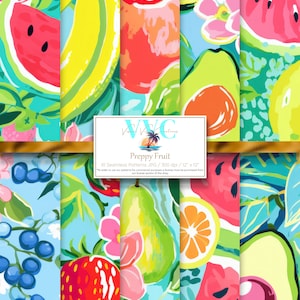 Preppy Fruit digitales Papier, 10 nahtlose Muster für Printable Scrapbook Papier - Instant Download, Avocado, Erdbeere, Essen, gesund