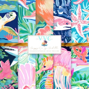 Preppy Sea Life Pack #2 Digitales Papier, 10 nahtlose Muster für Printable Scrapbook Papier - Instant Download, Hai, Delfin