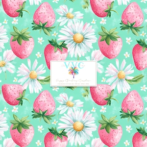 May include: A repeating pattern of pink strawberries and white daisies with yellow centers on a light teal background. Small white flowers are scattered throughout the design. A rectangular label with text is in the center.