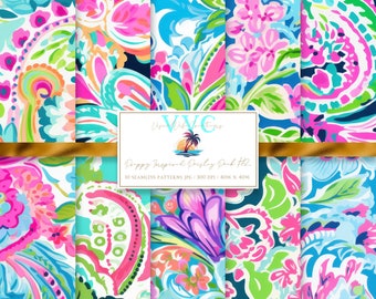 Preppy Inspired Paisley Pack #2 Digital Paper, 10 Seamless Patterns for Printable Scrapbook Paper - Instant Download, vibrant