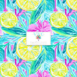 Preppy Island Lemonade 1 Nahtloses Muster, lebhafte Pastellzitronen und tropische Blumen, Sommer-Digitalpapier, Aqua-Rosa-Zitrusdruck