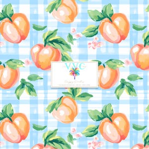 Papier numérique pêches preppy - 1 motif transparent vichy bleu avec fruit cottagecore pour le scrapbooking, les travaux manuels et la conception esthétique estivale