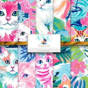 Papier numérique chats preppy, 10 modèles sans couture pour papier de scrapbooking imprimable - téléchargement immédiat, chaton, chat, minous, animaux de compagnie
