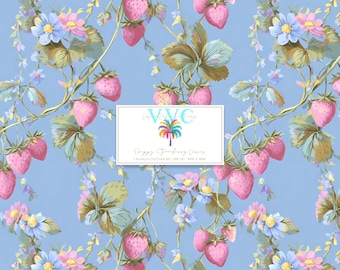 Preppy Strawberry Vines Seamless Pattern, Pastel Cottagecore Digital Paper with Pink Berries and Florals, 1 Pattern Download