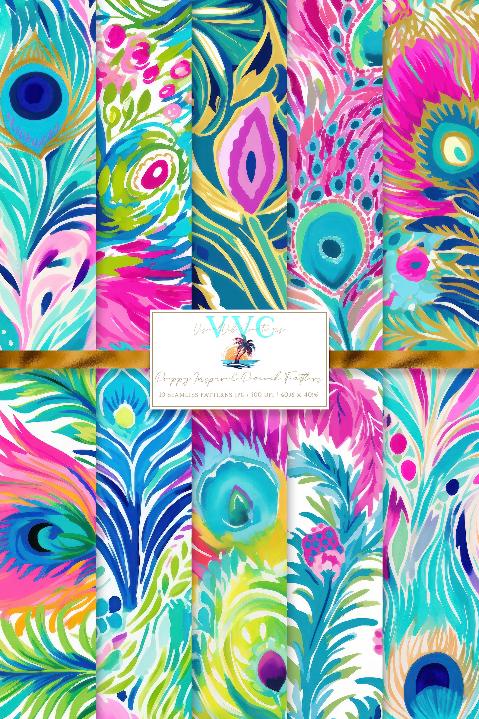 Preppy Inspired Peacock Feathers Digital Paper, 10 Seamless Patterns ...