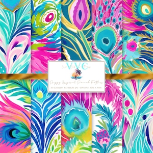 Preppy Inspired Peacock Feathers Digital Paper, 10 Seamless Patterns ...