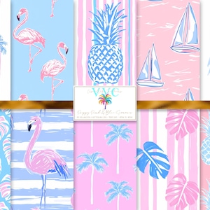 Papel digital de verano en tonos rosa y azul, 10 patrones sin costuras para papel de álbum de recortes imprimible, descarga instantánea, piña, monstera, flamenco