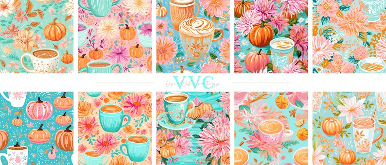 Preppy Fall Pumpkin Coffee Digital Paper, 10 Seamless Patterns for ...
