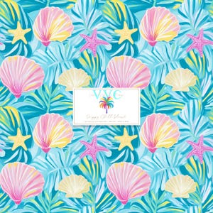 Preppy Shell Island, 1 nahtloses Muster, Tropische Muscheln und Seesterne, Küstenpalmblatt-Hintergrund, lebhaftes Sommer-Digital-Papier