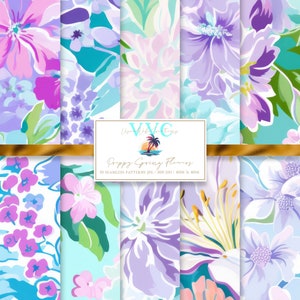 Papier numérique de fleurs de printemps preppy, 10 modèles sans couture pour papier de scrapbooking imprimable - téléchargement immédiat, pastel, floral, fleur de printemps