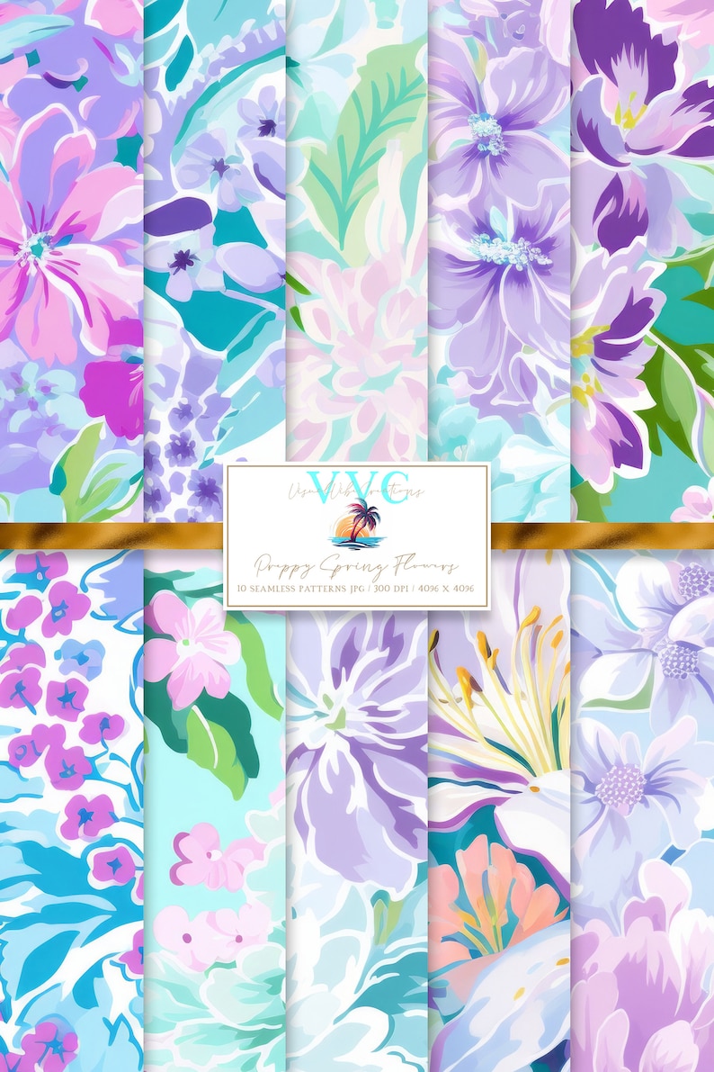 Preppy Spring Flowers Digital Paper, 10 Seamless Patterns for Printable ...