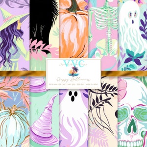 Puede incluir: Diez patrones digitales de papel con un tema de Halloween caprichoso. Los patrones incluyen un gato negro, una calabaza, un esqueleto, un fantasma, un sombrero de bruja, una calavera, un cuervo y elementos florales. Los patrones están en una paleta de colores pastel de rosa, morado, azul y verde.