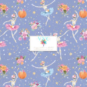 May include: A repeating pattern on a lilac background featuring dancing skeleton ballerinas in tutus, pumpkins, flowers, and stars. The text "Happy Halloween Ballet" is in a white rectangle. The design has a whimsical, festive feel.