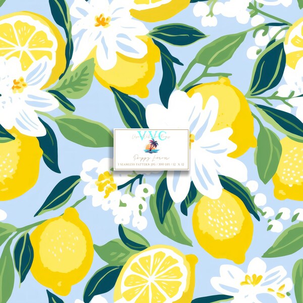 Preppy Lemon Digital Paper, 1 Seamless Pattern for Scrapbook Paper - Instant Download, beach, summer, citrus, florida, lemon fruit, yellow