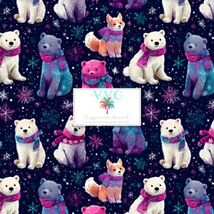Preppy vinterdjur, 1 sömlöst mönster, skogsbjörnar och rävar, digitalt papper med snöflingor