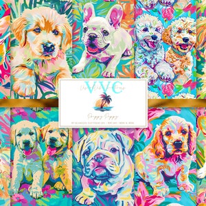 Preppy Puppy digitales Papier, 10 nahtlose Muster für Printable Scrapbook Papier, Instant Download, Welpen, Welpe, Corgis, Hund, französische Bulldogge