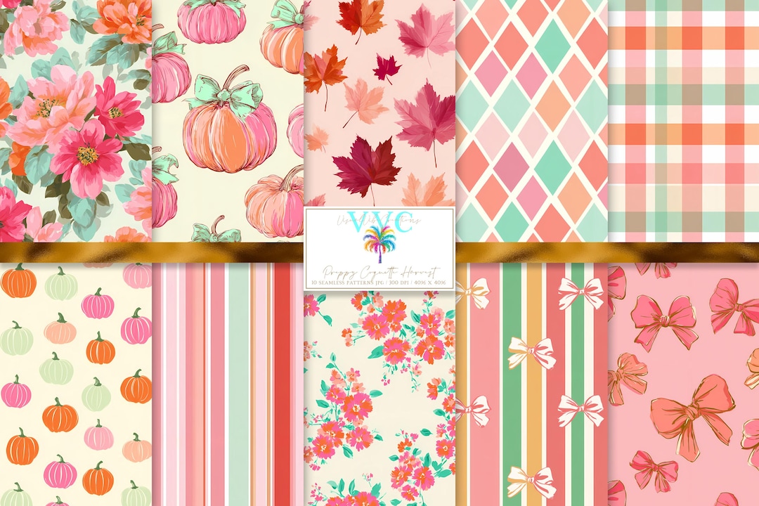 Preppy Coquette Harvest, 10 Seamless Patterns, Fall Pumpkin Floral Bow ...