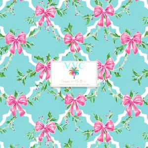 May include: A repeating pattern featuring bright pink bows, holly, and red berries on a light blue background with a white trellis design. The image includes a rectangular graphic with the text "Happy Holly Bows".
