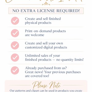 May include: A white informational graphic with gold and dark text stating Commercial Use Included and No Extra License Required. It lists five bullet points with pink checkmark icons regarding product usage rights and a Please Note section.