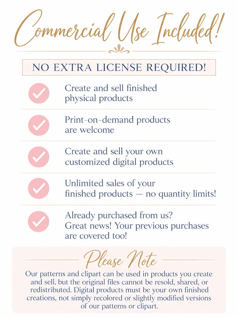 May include: A white informational graphic with gold and dark text stating Commercial Use Included and No Extra License Required. It lists five bullet points with pink checkmark icons regarding product usage rights and a Please Note section.