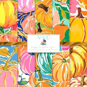 May include: Ten digital seamless patterns featuring colorful, hand-painted pumpkins in various styles. The patterns are perfect for fall-themed crafts, scrapbooking, and digital design projects.