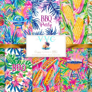 Papel digital Preppy Summer BBQ, 10 patrones sin costuras para álbumes de recortes imprimibles, descarga instantánea, hamburguesa sin costuras, fiesta, comida rápida